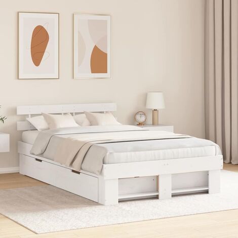 Vidaxl – Cadre de lit blanc 120 x 190 cm en pin massif – Tête de lit intégrée – Hauteur 31 cm – Rangement tiroirs – Durable et facile à nettoyer (1/5)