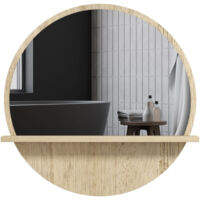 Miroir rond mural de salle de bain avec 1 étagère de rangement - Ø 45 x 10H cm - panneau de particules