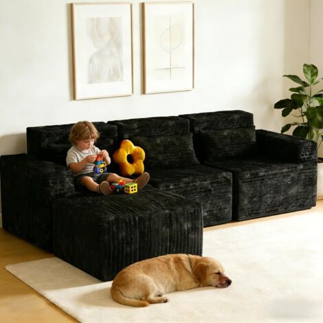 Couch Modulares Sofa Ecksofa Cloud mit Tiefer Sitzfläche 258cm L Form Schlaffunktion Memory Schaum Montagefrei fürs Wohnzimmer Eingangsbereich Wohnung Büro Schlafzimmer 3 Größen&Fußstütze Schwarz
