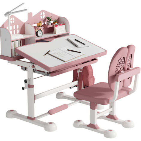 Kids Desk and Chair Set Height Adjustable Kids Study Table and Chairs Student Writing Desk with LED 45° Tiltable Desktop Storage Drawer Shelves Pen Slot Hook for Children Ages 3-12 Years Pink