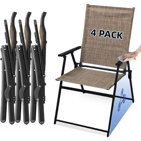 Outdoor Folding Garden Chairs Set of 4 Portable Breathable Patio Dining Chair Metal Frame Armrests for Garden Lawn Yard Porch Backyard Picnic Camping Fishing Beach Brown