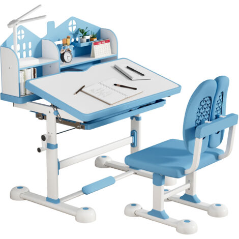 Kids Desk and Chair Set Height Adjustable Kids Study Table and Chairs Student Writing Desk with LED 45° Tiltable Desktop Storage Drawer Shelves Pen Slot Hook for Children Ages 3-12 Years Blue (1/5)