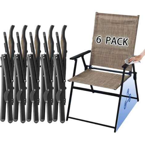 Outdoor Folding Garden Chairs Set of 6 Portable Breathable Patio Dining Chair Metal Frame Armrests for Garden Lawn Yard Porch Backyard Picnic Camping Fishing Beach Brown