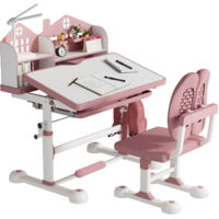 Kids Desk and Chair Set Height Adjustable Kids Study Table and Chairs Student Writing Desk with LED 45° Tiltable Desktop Storage Drawer Shelves Pen Slot Hook for Children Ages 3-12 Years Pink