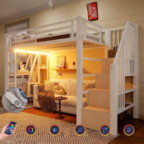 Lit mezzanine 90x200 cm avec échelle, LED, rangement sous lit et étagère intégrée, cadre en fer blanc, lit superposé – BATDTECH