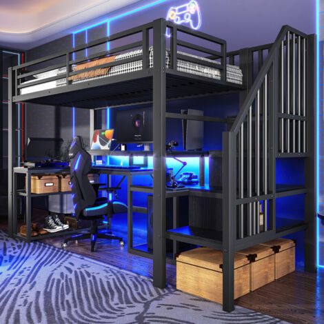 Lit mezzanine superposé 140x200 cm avec échelle rangement, bureau, LED et prise USB, cadre fer noir, Lit superposé  pour chambre enfant – BATDTECH
