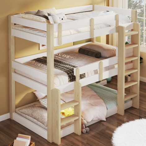 Lits superposés 3 places 90x190cm avec échelle, Triple Etagenbett pour enfant ado adulte, Blanc et Naturel Bois, Chambre dortoir, BATDTECH