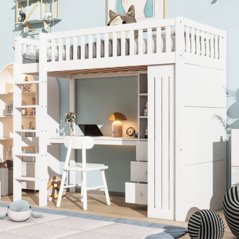 Lit mezzanine superposé 140x200 cm avec bureau, armoire, 3 tiroirs, rangements ouverts, garde-corps, échelle, blanc – idéal chambre enfant– BATDTECH