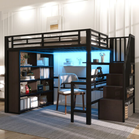 Lit mezzanine 140x200 cm avec bureau, LED, échelle rangement, cadre en fer noir, Lit superposé idéal chambre enfant ou étudiant – BATDTECH
