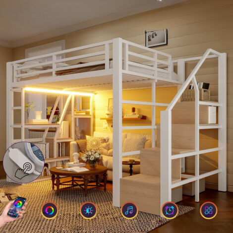 Lit mezzanine 140x200 cm avec échelle, LED, rangement sous lit et étagère intégrée, cadre en fer blanc, lit superposé – BATDTECH