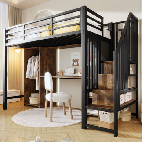 Lit Mezzanine Métal 90x200 cm Noir avec Rangements, Armoire, lit superposé Bureau et Escaliers Coffres – Chambre Enfant ou Ado – BATDTECH