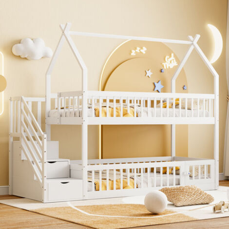 Lit superposé enfant 90x200cm en bois massif avec toit, échelle de sécurité et tiroirs de rangement – Lit Mezzanine Lit simple Blanc – BATDTECH