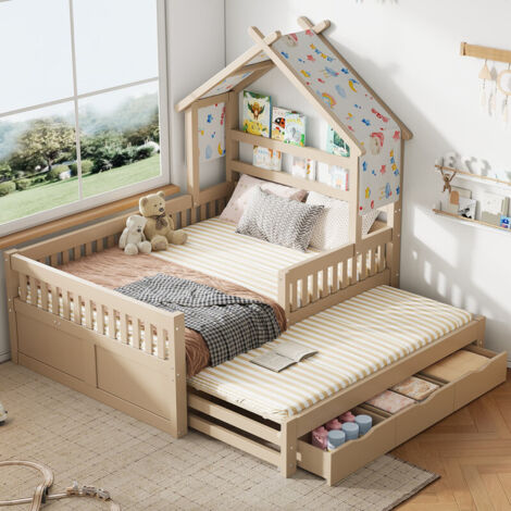 Lit Cabane Enfant 140x200 cm avec Lit extractible, Lit Coffre 2 Places, Lit Enfant en Bois avec 3 tiroirs et barrières de sécurité - Crème - BATDTECH