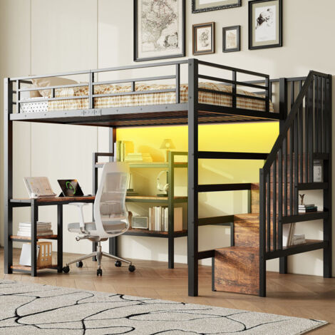 Lit Mezzanine métal 140x200 avec LED et Bureau Port USB, Lit Superposé Enfant 2 Place avec Rangements et rambarde de sécurité et escalier, Noir
