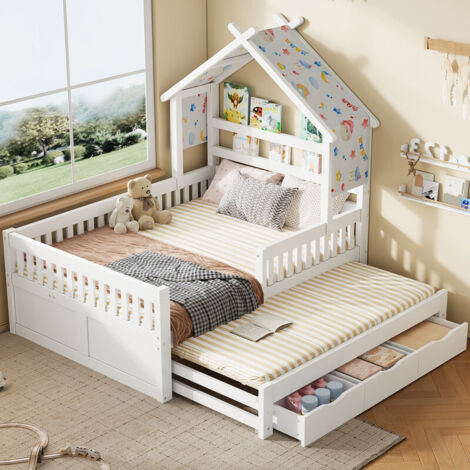 Lit Cabane Enfant 140x200 cm avec Lit extractible, Lit Coffre 2 Places, Lit Enfant en Bois avec 3 tiroirs et barrières de sécurité - Blanc - BATDTECH