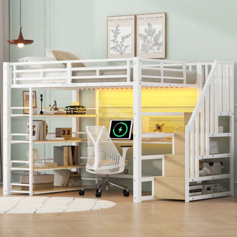 Lit Mezzanine métal 140x200 avec LED et Chargeur USB, Lit Superposé avec Escalier, Bureau Intégré, Lit Enfant 2 Places, Blanc - BATDTECH