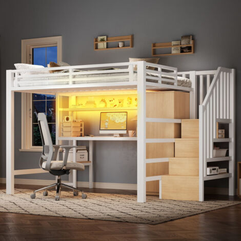 Lit Mezzanine métal 140x200 avec LED, Lit Superposé avec Escalier Rangement, Bureau Intégré, Armoire et Étagères, Lit Enfant 2 Places – Blanc