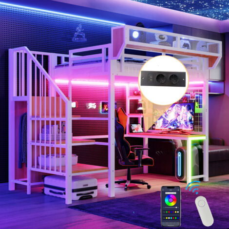 Lit Mezzanine métal 90x200 avec LED et Prise USB, Lit Superposé Enfant avec Bureau, étagère, Filet rangement, Lit 1 Place avec échelle sécurité, Blanc