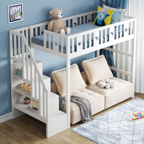 Lit superposé en Bois 90x200 avec échelle Rangements, Lit Mezzanine 1 Place avec Balustrade, Lit en Hauteur chambre fille ou garçon, Blanc