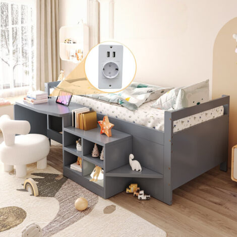 Lit Enfant 90x200 cm avec Bureau intégré et Prises électriques norme européenne, Lit Enfant 1 Place en Bois avec Rangements intégrés, Gris - BATDTECH