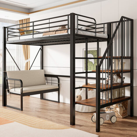Lit Mezzanine métal 90x200 avec Canapé Mousse Amovible, Lit Superposé Enfant 1 Place avec Rangements et rambarde de sécurité et escalier, Noir