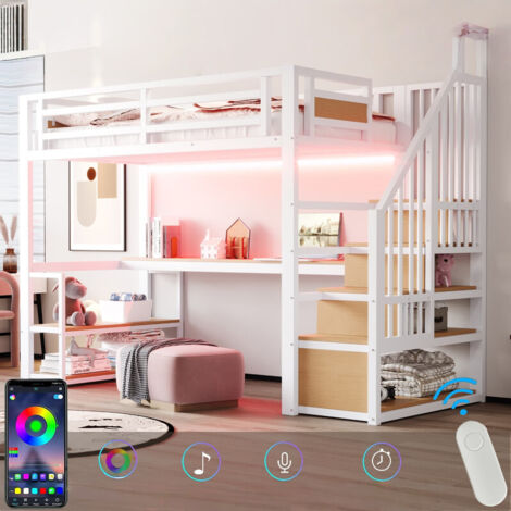 Lit Mezzanine métal 90x200 avec LED et Bureau Port USB, Lit Superposé Enfant 1 Place avec échelle de rangement, étagères, bureau et garde, Blanc