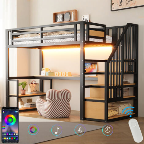 Lit Mezzanine métal 90x200 avec LED et Bureau Port USB, Lit Superposé Enfant 1 Place avec échelle de rangement, étagères, bureau et garde, Noir