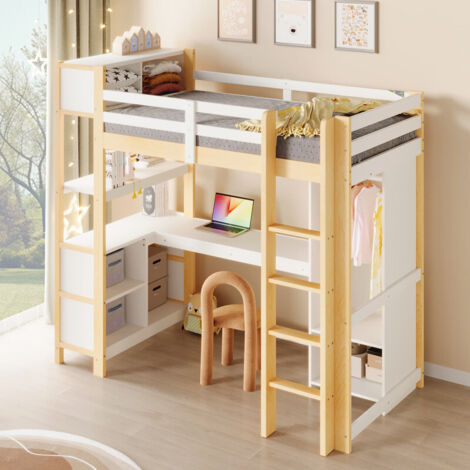 Lit Mezzanine 1 Place 90x200 cm avec étagères, bureau et armoire, Lit Enfant en Bois avec Rangements, Lit en Hauteur avec Balustrade, Naturel