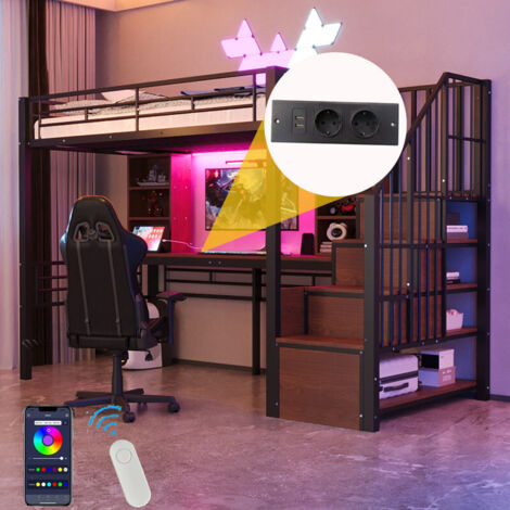 Lit Mezzanine métal 90x200 avec LED et Port USB, Lit Superposé Enfant 2 Places avec Bureau, Étagère et Escalier Rangement, Lit en Hauteur, Noir