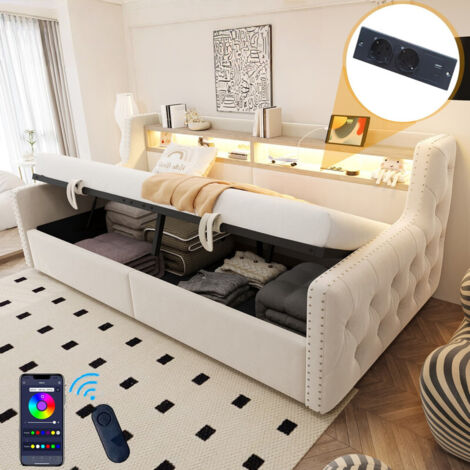Canapé lit 90x200 cm avec Hydraulique et Rangement, Canapé Convertible avec LED, Prise et USB, Meuble Salon lattes incluses Beige(sans Matelas) (1/5)