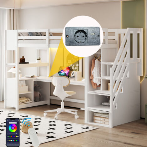 Lit Mezzanine 1 Place 90x200 cm avec LED et Prise UE, Lit Enfant en Bois avec Armoire, Grand bureau et Rangements, Lit en Hauteur, Blanc