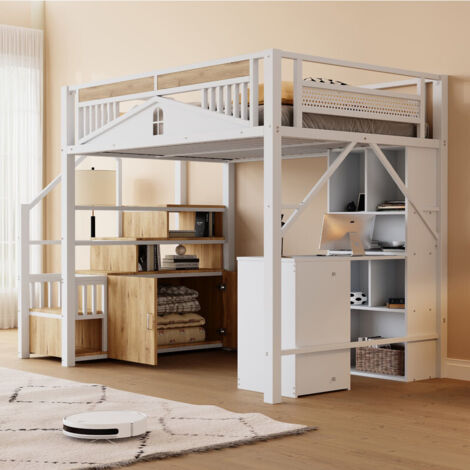 Lit Mezzanine métal 140x200 avec Casier, Lit Superposé Enfant 2 Places avec Rangements et rambarde de sécurité et escalier, Lit en Hauteur, Blanc