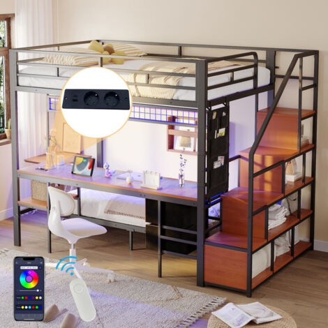 Lit Mezzanine métal 140x200 avec Bureau, LED et Prise, Lit Superposé Enfant 2 Places avec Rangements Ouverts et Tiroirs Tissu, Lit en Hauteur, Noir