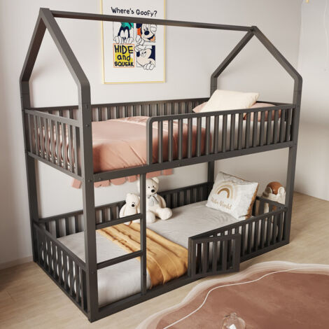 Lit superposé enfant métal 90x200 cm, Lit Enfant 1 Places avec Escalier, Design Loft, Lit Inférieur avec Petite Porte – Noir – BATDTECH