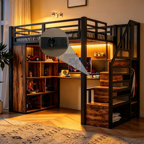 Lit Mezzanine métal 90x200 avec LED et Bureau Port USB, Lit Superposé Enfant 2 Places avec Armoire, Rangements escalier, À monter soi-même Noir