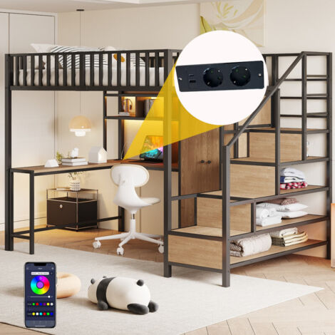 Lit Mezzanine métal 140x200 avec LED et Bureau Port USB, Lit Superposé Enfant 2 Places avec Armoire et Rangements escalier, À monter soi-même, Noir