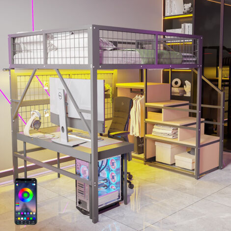 Lit Mezzanine métal 140x200 avec bande LED contrôlable par APP et penderie ouverte, Lit Superposé Enfant 2 Places avec escalier Rangements, Noir