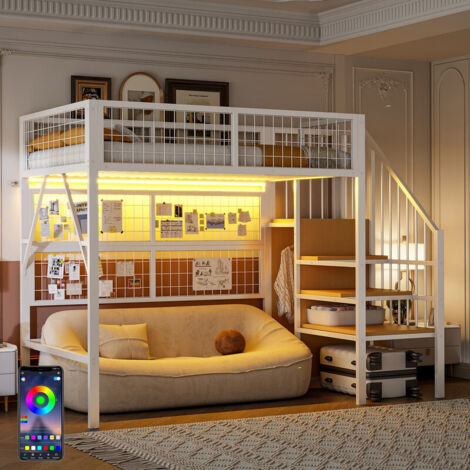 Lit Mezzanine métal 90x200 avec bande LED contrôlable par APP et penderie ouverte, Lit Superposé Enfant 1 Places avec escalier Rangements, Blanc