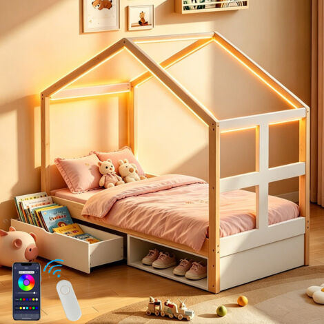 Lit bois 90x190 cm avec LED multicolore, tiroirs, petit meuble à chaussures, Lit Enfant en Bois avec Toit – À monter soi-même Chambre enfant/ado (1/5)