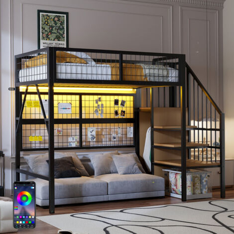 Lit Mezzanine métal 90x200 avec bande LED contrôlable par APP et penderie ouverte, Lit Superposé Enfant 1 Places avec escalier Rangements, Noir