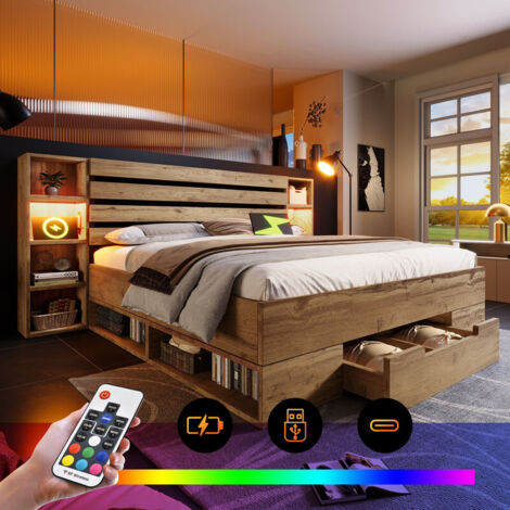 Lit 160x200 bois massif avec sommier et tête de lit LED, Lit Coffre avec rangements et tiroirs et USB C, Cadre de en Bois, Chêne (sans Matelas) (1/5)