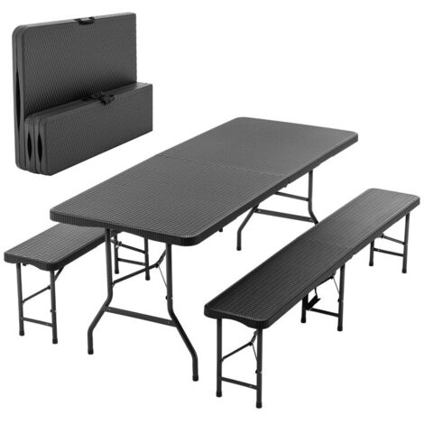 Table pliante 8 personnes – Dimensions 180x74x74 cm – verrouillage sécurité et résistant UV et eau– plateau HDPE brun motif bois - Pour pique-nique