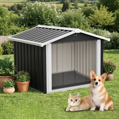 Niché chien extérieur 102x91x84 cm, grande niche étanche avec toit incliné, protection UV et ventilation, résistant aux intempéries, gris