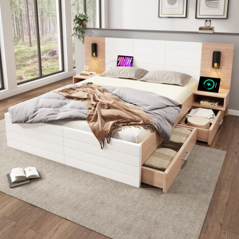 Lit double 160x200 cm bois avec 2 tiroirs, lumière lecture et USB, 2 tables de nuit, Lit Coffre avec cadre + sommier inclus – chêne, sans Matelas (1/5)