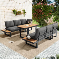 Salon de Jardin Exterieur angle réglable 6 positions°, Table de Jardin Exterieur bois composite, canapé d'extérieur acier galvanisé - Gris BATDTECH