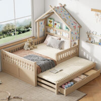 Lit Cabane Enfant 140x200 cm avec Lit extractible, Lit Coffre 2 Places, Lit Enfant en Bois avec 3 tiroirs et barrières de sécurité - Crème - BATDTECH