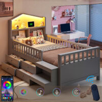 Lit enfant 90x200 cm avec LED, USB + Type-C, Lit Coffre avec4 tiroirs, marches et lattes incluses, Lit Enfant bois massif avec barrières– Gris
