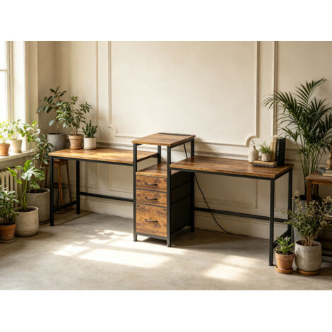 Long 2-Person Double Desk, LED Computer Gaming & Home Office Work Table ...