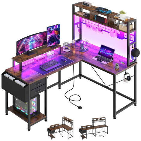 Reversible L-Shaped Corner Gaming Desk Home Office Computer Desk with Drawers, Storage Shelves, RGB LED Lights and Power Outlets