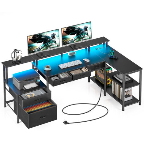 Reversible L-Shaped Corner Gaming Computer Desk with USB Ports, Power Outlets, LED Strip, Drawers, File Cabinet & Monitor Shelf for Home Office